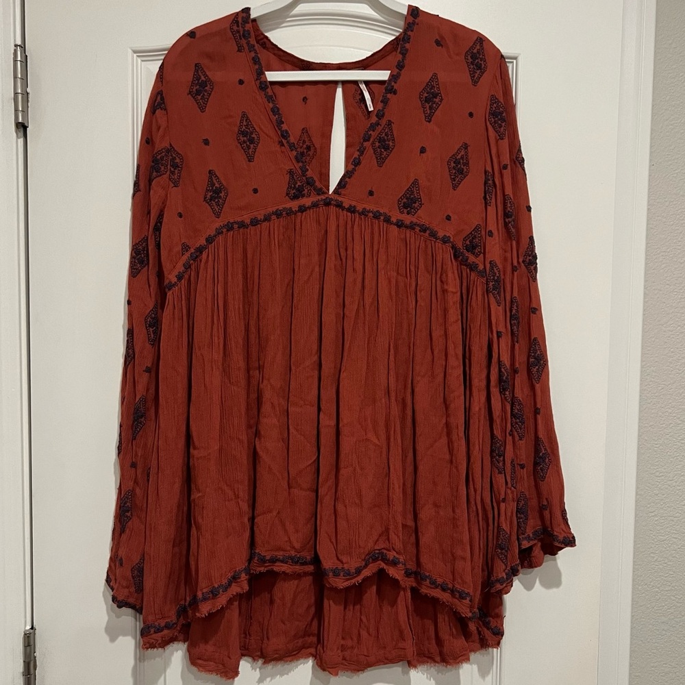 Free People Diamond Embroidered Long Sleeve Tunic Top
